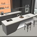 Modern Kitchen White Bar Counter With Sink Stools Dark Cabinets Window View 3d model