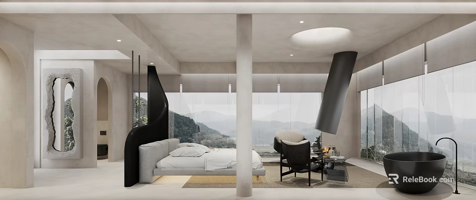 Modern Luxury Hotel Room With King Bed Floor To Ceiling Windows And Mountain View 3d model 