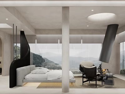 Modern Luxury Hotel Room With King Bed Floor To Ceiling Windows And Mountain View 3d model