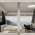 Modern Luxury Hotel Room With King Bed Floor To Ceiling Windows And Mountain View