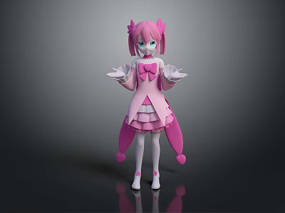 Game And Movie Character With Pink Hair Twin Ponytails Green Eyes And Pink Ruffled Dress 3d model