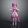 Game And Movie Character With Pink Hair Twin Ponytails Green Eyes And Pink Ruffled Dress