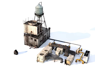 Industrial Equipment Setup With Water Tower Pipes Mechanical Units And Pipeline Systems 3d model