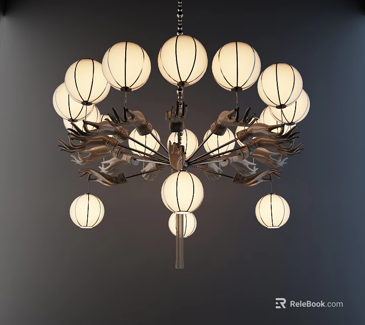 Elegant Chandelier Featuring Multiple Round White Shades And Branched Metal Frame With Hanging Globes 3d model 
