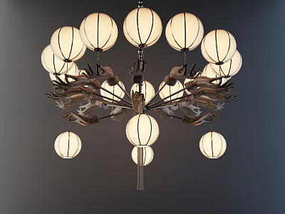Elegant Chandelier Featuring Multiple Round White Shades And Branched Metal Frame With Hanging Globes 3d model