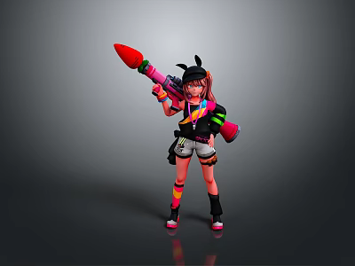 Colorful Haired Character With Pink Weapon And Fantasy Creature On Gray Background 3d model