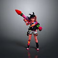 Colorful Haired Character With Pink Weapon And Fantasy Creature On Gray Background
