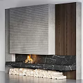 Modern Marble Fireplace Interior Design With Burning Fire And Stacked Firewood