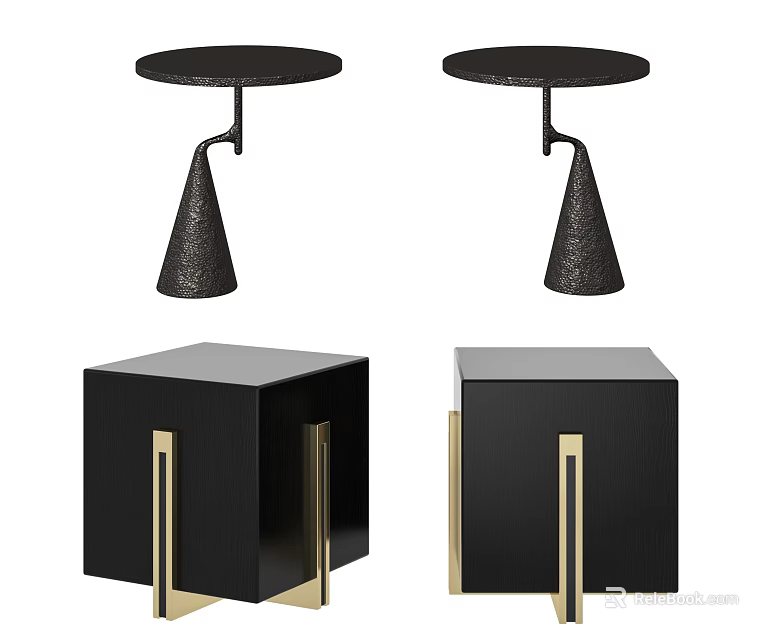 Modern Black Side Tables Featuring Round Top And Square Base With Gold Accents Design 3d model