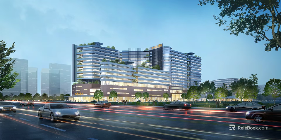 Modern Hospital Building with Glass Facade Multi Storey Exterior Near Urban Road Surrounded by Trees 3d model 