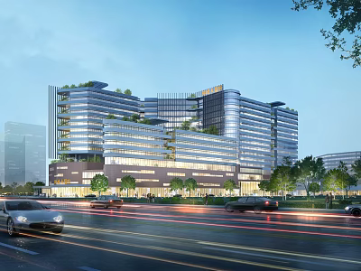Modern Hospital Building with Glass Facade Multi Storey Exterior Near Urban Road Surrounded by Trees 3d model