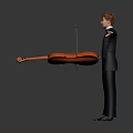 Man With Red Hair In Black Suit Holding Orange Violin Arms Outstretched On Gray Background