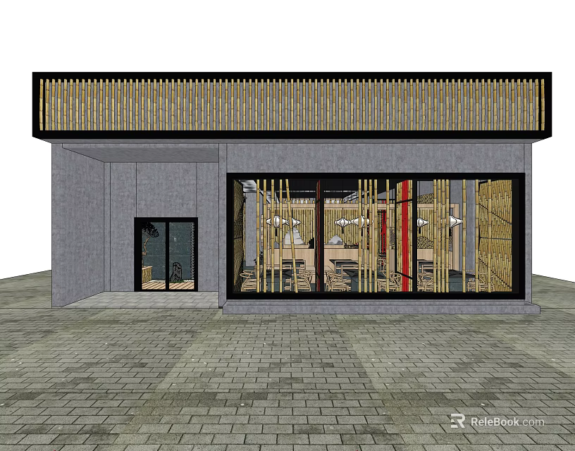 Modern Minimalist Hotpot Restaurant Exterior With Bamboo Awning Glass Doors And Windows 3d model 