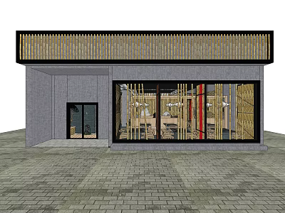Modern Minimalist Hotpot Restaurant Exterior With Bamboo Awning Glass Doors And Windows 3d model