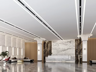 Modern Front Desk Reception Area With Marble Counter Elegant Lighting And Wooden Panels 3d model