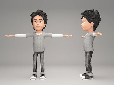 Cartoon Game and Movie Character with Front Side Views Gray Sweater Arms Outstretched 3d model