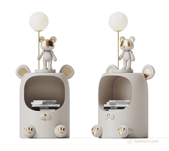 Modern Bear Shaped Bedside Table With Round Lamp Bear Figurine And Storage 3d model