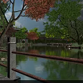 Scenic Landscape Bridge With Serene Pond Lush Trees Red Maple Leaves And Traditional Pavilion