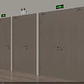 Three Wooden Exit Doors Side By Side With Green Exit Signs On Light Walls