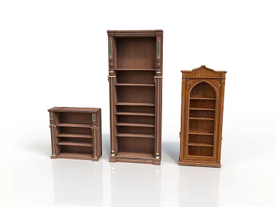 Three Elegant Wooden Bookcases With Various Designs Carved Details And Shelves 3d model