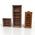 Three Elegant Wooden Bookcases With Various Designs Carved Details And Shelves