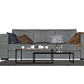 Modern Gray Sofa and Black Coffee Table Set With Pillows and Throw Blanket 3d model
