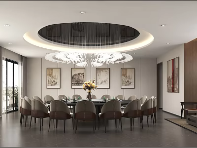 Private Dining Room With Round Table Chairs Chandelier And Artworks 3d model