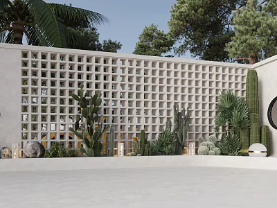 Cactus and Succulent Plants in Outdoor Space with White Lattice Wall and Palm Trees 3d model