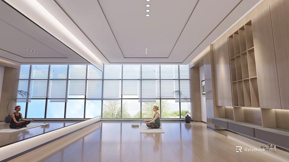 Yoga Practice in Spacious Indoor Area With Large Windows Wooden Floors and Mirrors 3d model 