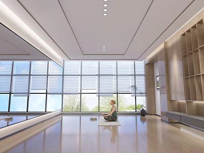 Yoga Practice in Spacious Indoor Area With Large Windows Wooden Floors and Mirrors 3d model
