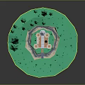 Cartoon Scene With Central Castle Surrounded By Green Trees Circular Landscape Pathway And Water Elements