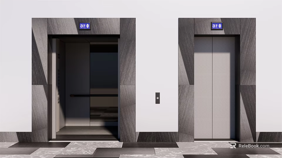 Modern Elevator Design Featuring Geometric Gray Wall Panels And Floor Indicators 3d model