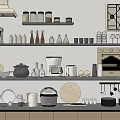 Neat Kitchen Shelves Display Cooking Utensils Pots Pans Glass Jars And Wooden Board