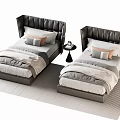Single Bed with Leather Headboard Gray Beige Bedding Pillows and Nightstand on Light Wooden Floor