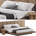 Double Bed With Wooden Headboard White Bedding Gray Pillows And Wooden Nightstands