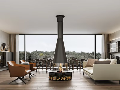 Modern Living Dining Room Interior With Central Fireplace Large Windows Wooden Floor And Scenic View 3d model