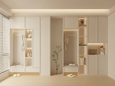 Modern White Shoe Cabinet With Open Shelves LED Lighting And Clothing Hanging Area 3d model