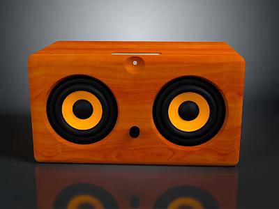 Orange Wooden Desktop Computer Speaker With Two Yellow Cones And Control Button 3d model