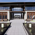 Modern Chinese Sales Office Building Featuring Large Glass Windows Wooden Lattice And Courtyard Water Feature