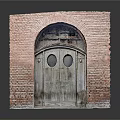 Traditional Brick Archway Building With Wooden Door And Circular Windows