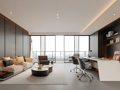 Modern Office Interior With Large Windows Sofa Coffee Table Desk And Bookshelf Chair 3d model