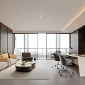 Modern Office Interior With Large Windows Sofa Coffee Table Desk And Bookshelf Chair