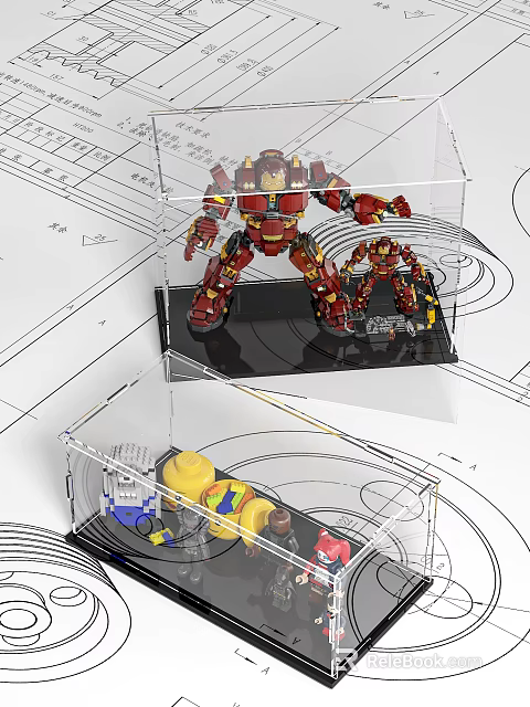 Iron Man Lego Action Figure Large And Small Models In Transparent Display Case With Base 3d model