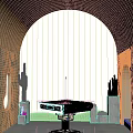 Board Game Entertainment Spot With Arched Window Blue Sky Orange Mountains Purple Water And Cactus Plants
