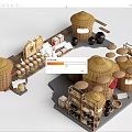 Garden Decor With Thatched Roof Circular Structures Tables Chairs And Clay Pots