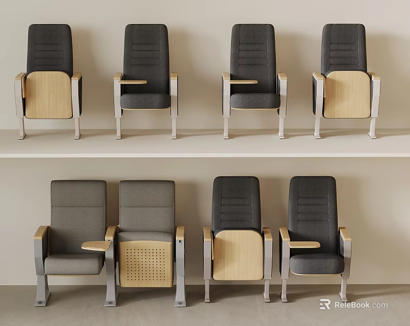 Gray Upholstered Chairs With Wooden Armrests And Various Styles Displayed On Shelves 3d model 