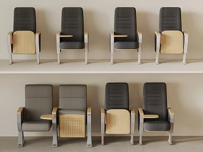 Gray Upholstered Chairs With Wooden Armrests And Various Styles Displayed On Shelves 3d model