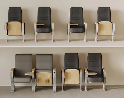 Gray Upholstered Chairs With Wooden Armrests And Various Styles Displayed On Shelves 3d model