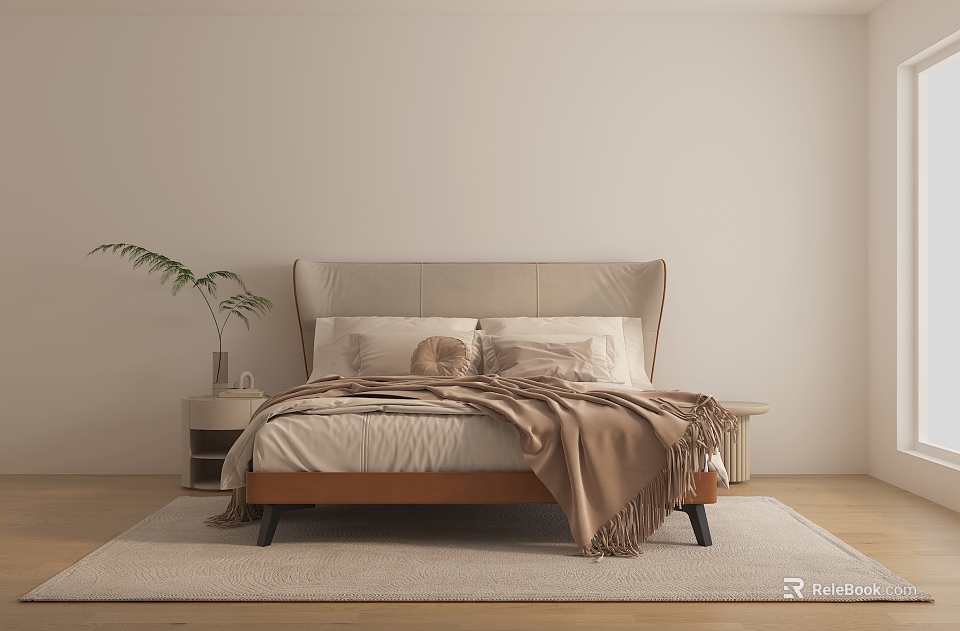 Minimalist Double Bed with Upholstered Headboard Pillows Blanket Nightstand Plant and Wooden Floor 3d model 