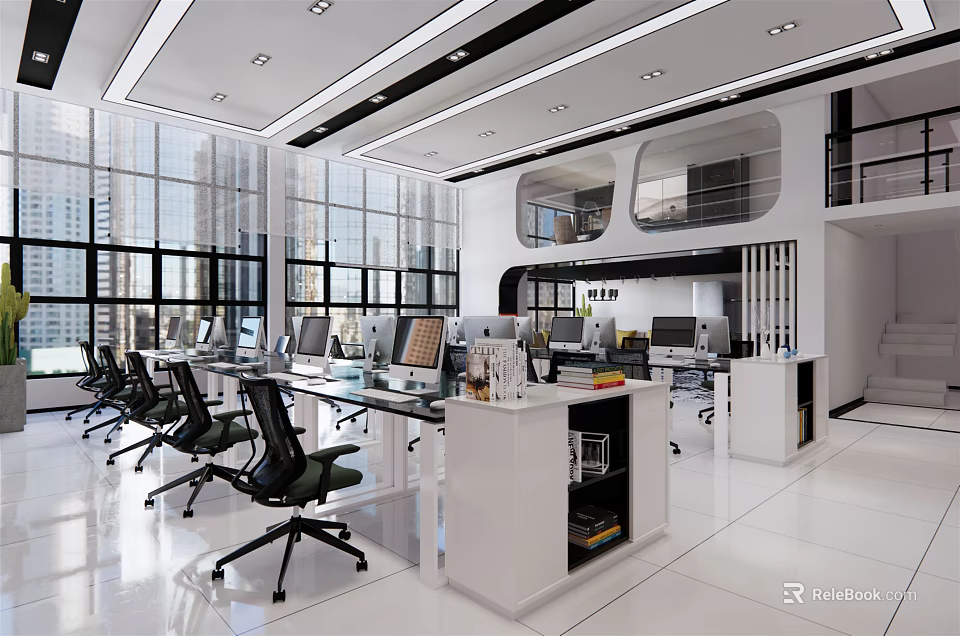 Modern Public Office Space With Large Windows Desks Computers And Black Chairs 3d model 